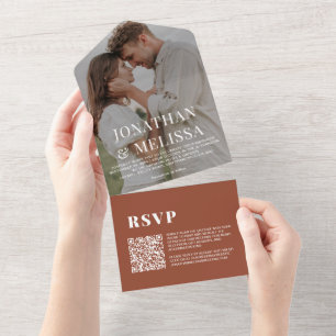 QR Code    Terracotta Simple Overlay Photo Wedding All In One Invitation