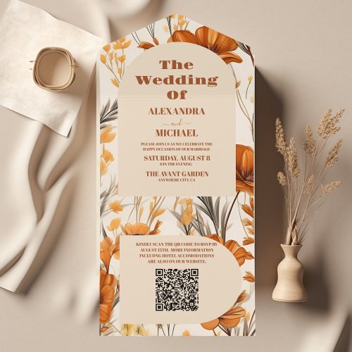 QR Code Terracotta Watercolor Wildflowers Wedding All In One Invitation