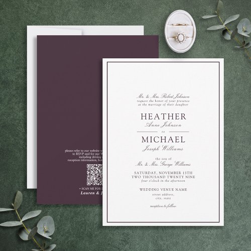 QR Code Traditional Purple Classic Script Wedding Invitation