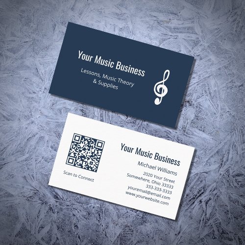  QR code Treble Clef Navy Blue Music Lessons  Business Card