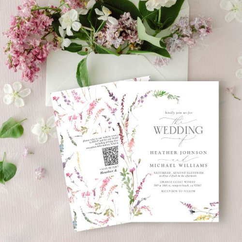 QR Code Trendy Elegant Wildflower Floral Wedding Invitation