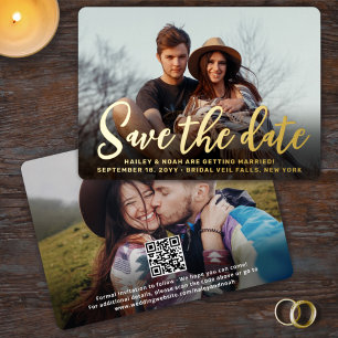 QR Code Trendy Script Wedding Save the Date Photo Foil Invitation