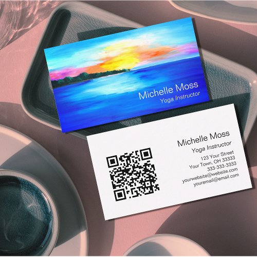 QR code Tropical Beach Ocean Yoga Instructor Business Card