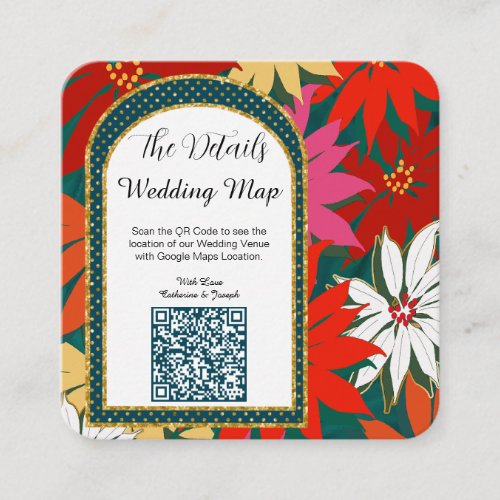 QR Code Tropical Flowers Wedding Map  The Details Square Business Card