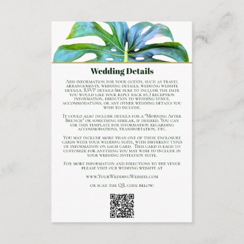 QR Code Tropical Leaf Beach Modern Wedding Details Enclosure Card