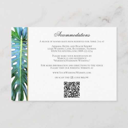 QR Code Tropical Leaf Beach Wedding Accommodation  Enclosure Card
