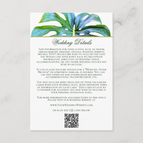 QR Code Tropical Leaf Beach Wedding Details Enclosure Card