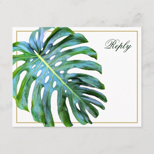 QR Code Tropical Monstera Leaf Gold Beach Wedding Enclosure Card