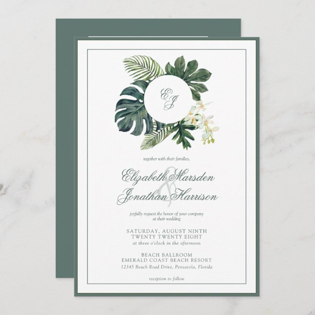 QR Code Tropical Monstera Orchids Monogram Photo Invitation (Front/Back)