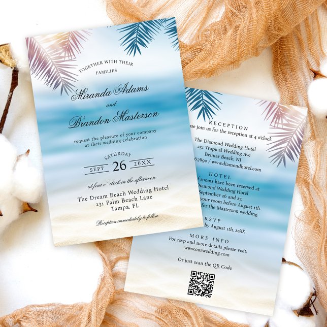 QR Code Tropical Palm Beach All in One Wedding Invitation (Creator Uploaded)
