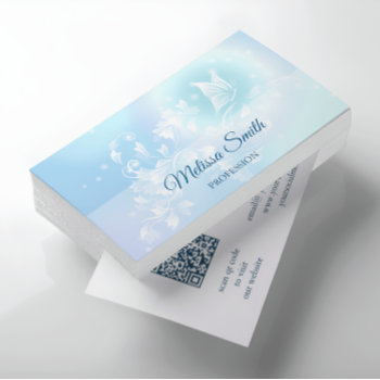 Qr Code | Turquoise Blue Floral Butterfly Business Card by NinaBaydur at Zazzle