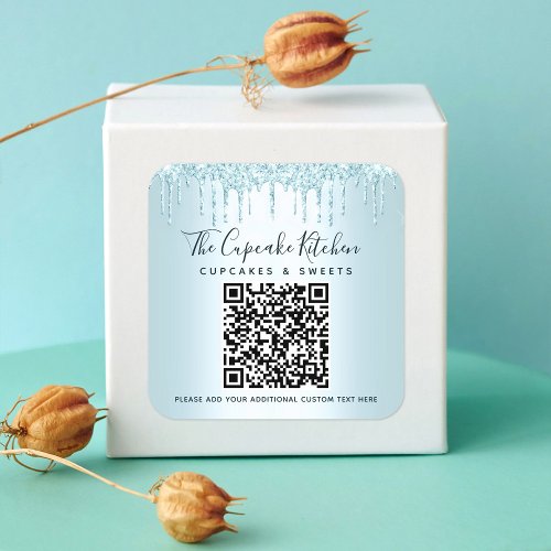 QR Code Turquoise Blue Glitter Drips Business Name Square Sticker