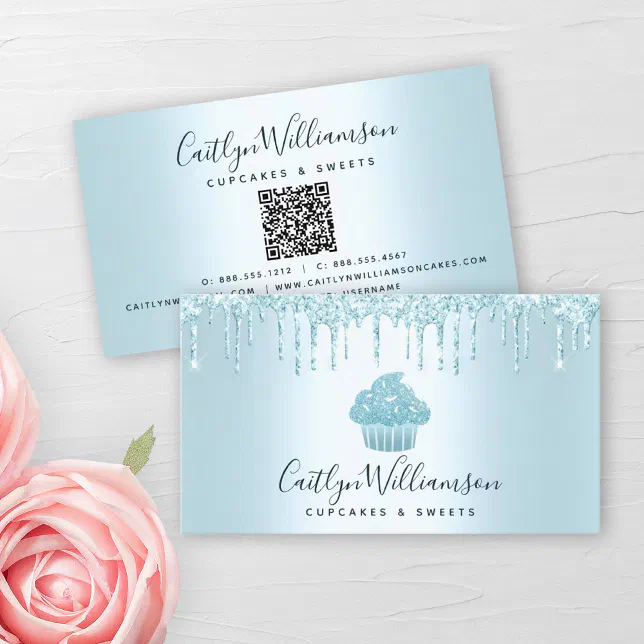 QR Code Turquoise Cupcake Drips Bakery Pastry Chef Business Card Zazzle