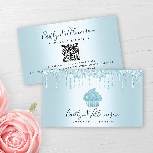 QR Code Turquoise Cupcake Drips Bakery Pastry Chef Business Card