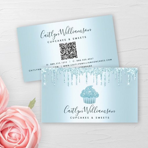 Customizable QR Code Turquoise Cupcake Drips Bakery Pastry Chef Business Card
