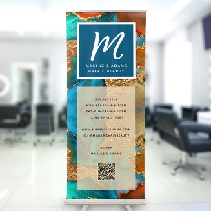 QR Code Turquoise Gold Orange Agate Monogram Bold Retractable Banner