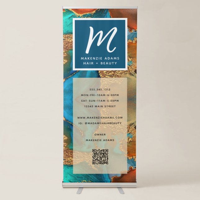 QR Code Turquoise Gold Orange Agate Monogram Bold Retractable Banner (Front)