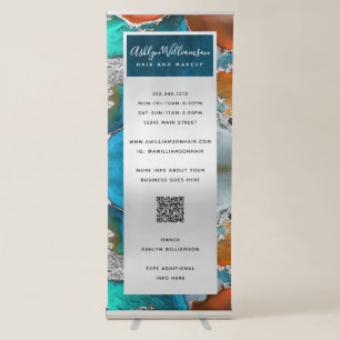 QR Code Turquoise Orange Silver Agate Watercolor Retractable Banner