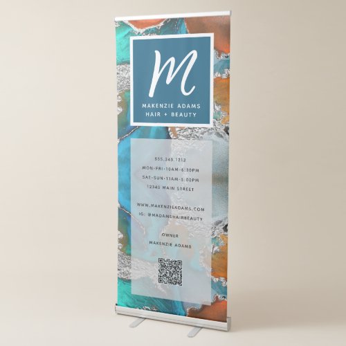 QR Code Turquoise Orange Silver Marble Monogram Retractable Banner