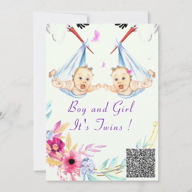 QR Code Twins Boy and Girl Baby Shower Invitation (Back)