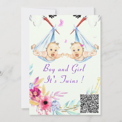 QR Code Twins Boy and Girl Baby Shower Invitation