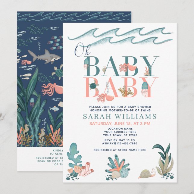 QR Code Twins Under the Sea Oh Baby Baby Shower Invitation (Front/Back)