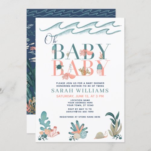 QR Code Twins Under the Sea Oh Baby Baby Shower Invitation