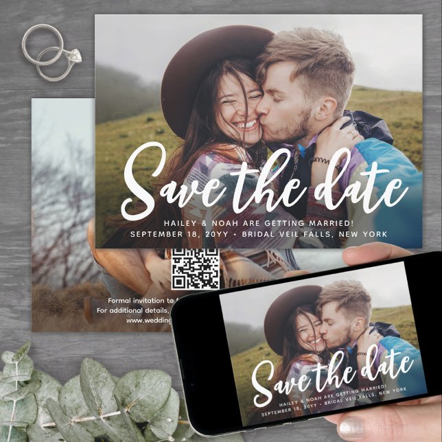 QR Code & Two Photos Modern Trendy Script Wedding Save The Date (Creator Uploaded)