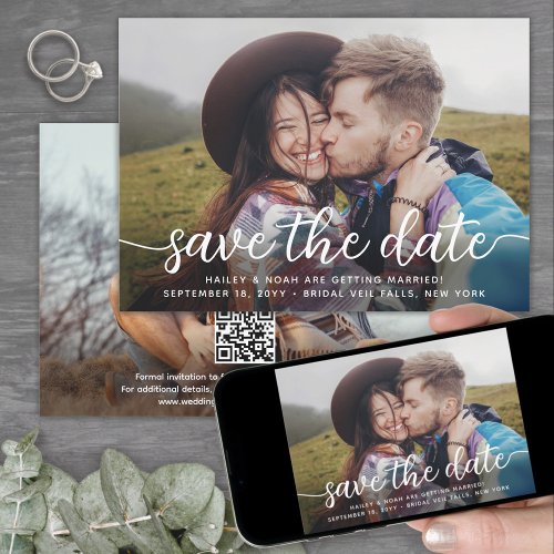 QR Code  Two Photos Simple Modern Script Wedding Save The Date