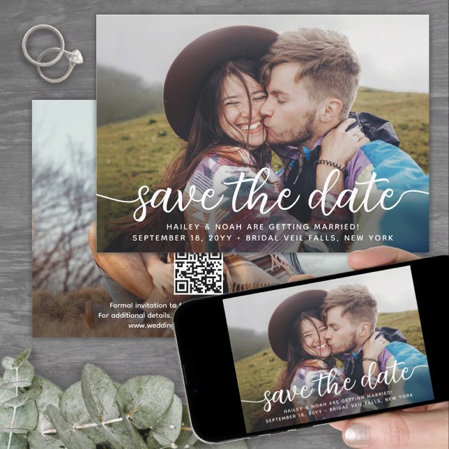 QR Code & Two Photos Simple Modern Script Wedding Save The Date (Creator Uploaded)
