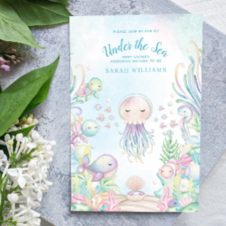 QR Code Under the Sea Blue Watercolor Baby Shower Invitation