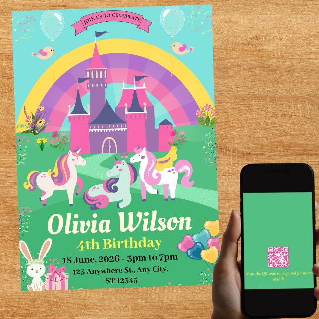 QR Code Unicorns Rainbow Magic Birthday Invitation (Creator Uploaded)