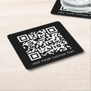QR Code Upload Black Minimalist Simple Scan Me Square Paper Coaster