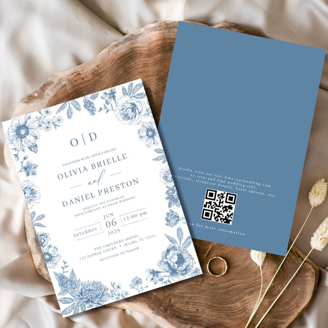 QR Code Victorian French Dusty Blue Wedding Invitation (Creator Uploaded)