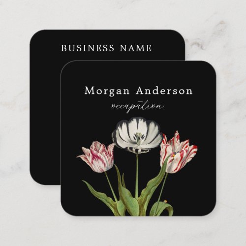 QR Code Vintage Flower Black Square Business Card