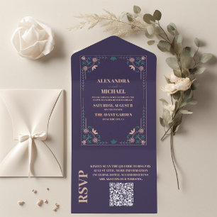 QR Code Vintage Library Book Wedding All In One Invitation