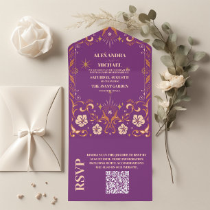 QR Code Vintage Library Book Wedding All In One Invitation