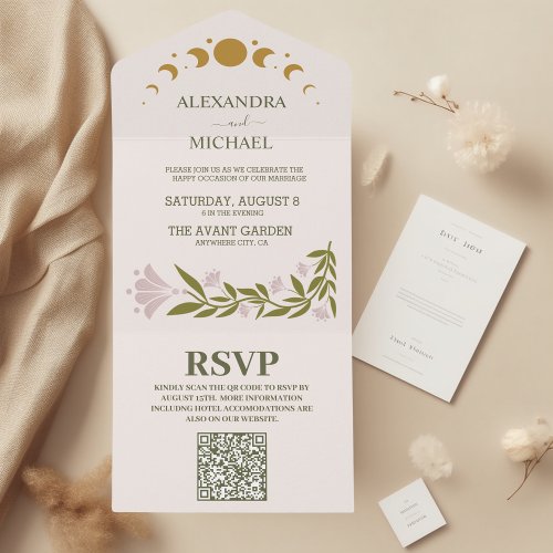 QR Code Vintage Mystical Botanical Wedding All In One Invitation