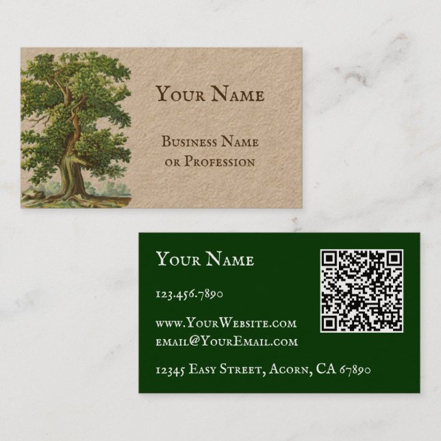QR Code Vintage Oak Tree Custom Business Cards (Front/Back)