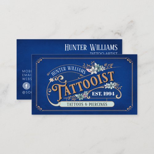 QR Code Vintage Tattoo Artist Blue Professional Business Card