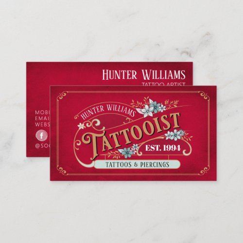 QR Code Vintage Tattoo Artist Red Professional Business Card