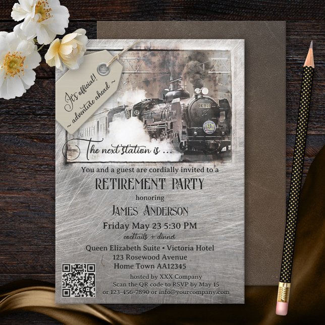 QR Code Vintage Train Retirement Party Invitation (Creator Uploaded)