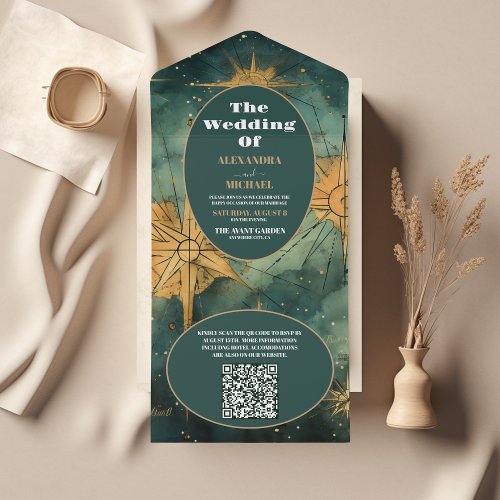 QR Code Vintage Watercolor Celestial Wedding All In One Invitation