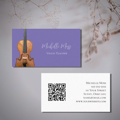 QR code Violin Teacher Cute Purple Musician  Business Card