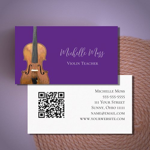 QR code Violin Teacher Purple Musician  Business Card