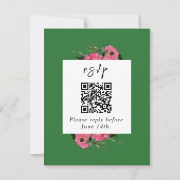 Qr Code Watercolor Anemone Green Wedding Rsvp Card by JillsPaperie at Zazzle