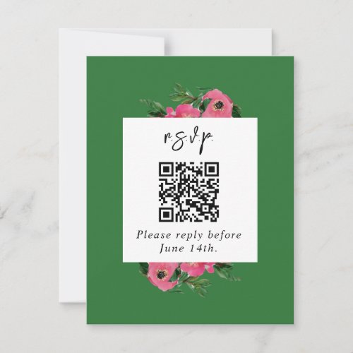 QR Code Watercolor Anemone Green Wedding RSVP Card