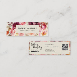 QR Code Watercolor Floral Burgundy Autumn Mini Business Card