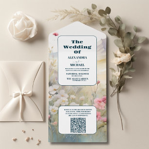 QR Code Watercolor Floral Spring Mountains Wedding All In One Invitation