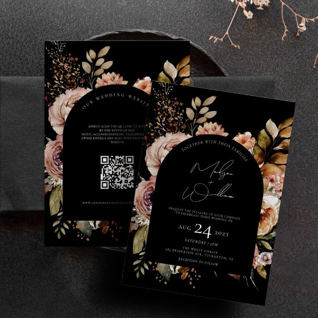 QR Code Watercolor Flowers Boho Fall Wedding Invitation (Creator Uploaded)